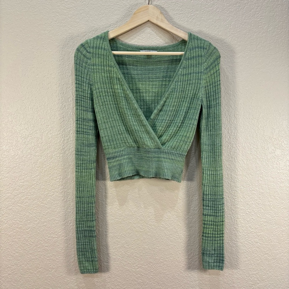 AE | American Eagle Cropped Ribbed Green Spacedye Wrap Front Sweater Small Y2K